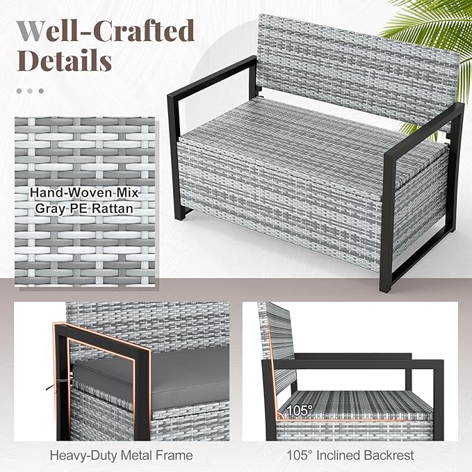 Patio Storage Bench, 43.5 in Wide PE Rattan, 40 Gallon Capacity