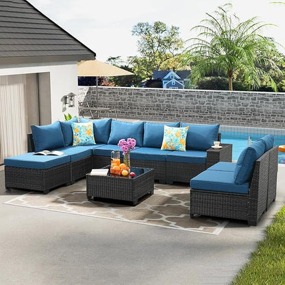 Jing's Villa 7-Piece Patio Furniture Set, All-Weather Outdoor Wicker Sectional Sofa with Cushions, Tempered Glass Table & Ottoman, Rattan Conversation Seating for Porch, Garden, Backyard,Peacock Blue