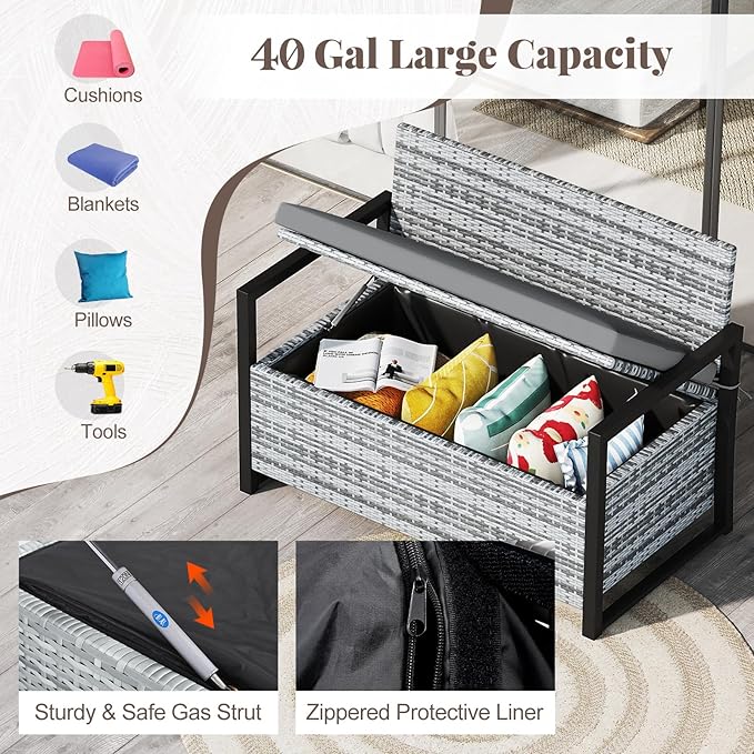 Patio Storage Bench, 43.5 in Wide PE Rattan, 40 Gallon Capacity