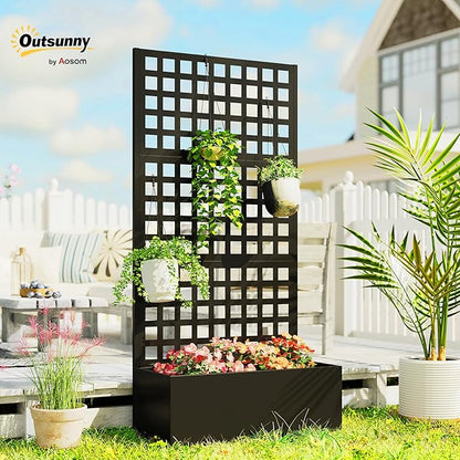 Outsunny Galvanized Raised Garden Bed with Trellis, Metal Planter Box with Drainage Holes, Outdoor Privacy Screen for Climbing Plants, Vegetable, Vines, 35" x 16" x 70", Black