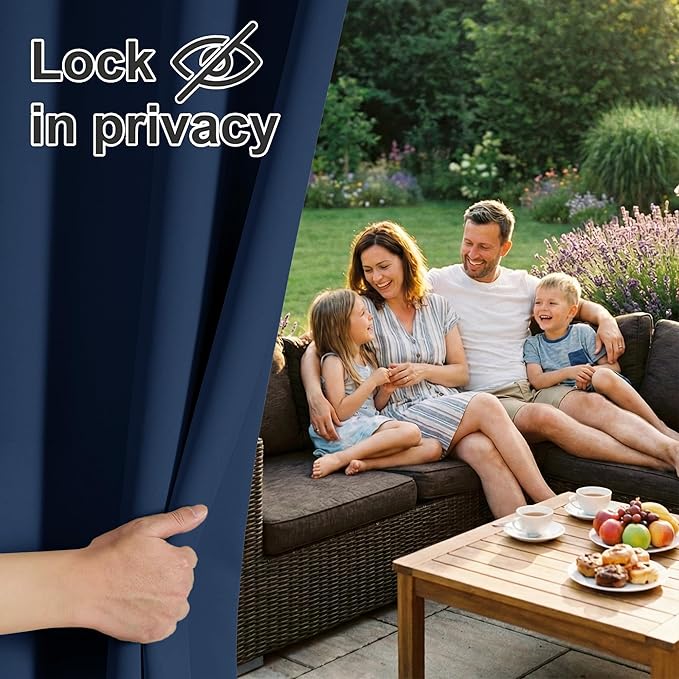 RYB HOME Outdoor Curtains for Patio Waterproof Block Sunlight Thermal Insulated Privacy Assured Thick Outside Curtains for Porch, Gazebo, Pergola, W84" x L95", Navy Blue, 1 Panel