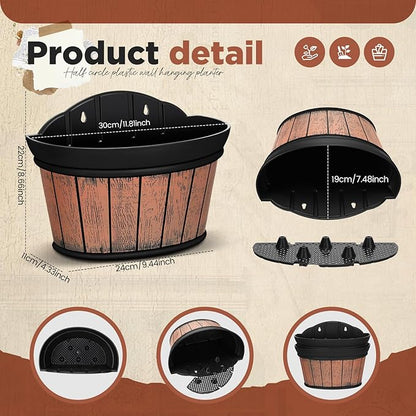 Layhit 6 Pcs Wall Hanging Planters Outdoor Pot Planter Wine Barrel Planter Distressed Oak Thickened Plastic Water Storage Flower Pots for Flower Indoor Outdoor(12 Inches,Brown)