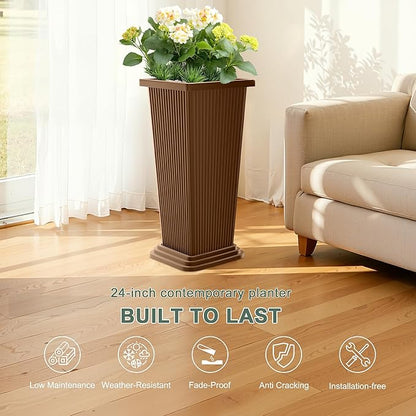 Set of 2 Large Planters for Outdoor Plants 24" Tall Tapered Modern Flower Pots with Drainage Tray for Garden, Patio, Porch (Brown Ribbed)