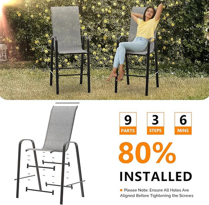 VINGLI Outdoor Bar Chairs Set of 8 – Stackable Outdoor Bar Stools with Sturdy Sling High Back and Armrests for Lawn, Courtyard, Garden, Bar, Silver Gray