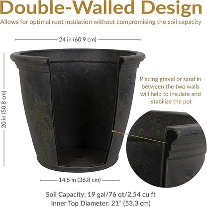 Sunnydaze 24-Inch Anjelica Large Plastic Pot for Plants - Outdoor Double-Walled Large Plastic Planter with Drillable Drainage Holes - Sable