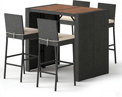COSTWAY 5 Piece Patio Bar Set, Outdoor Rattan Wicker Bar Table and 30'' High Top Chairs Set with Acacia Wood Tabletop and Cushions for Poolside, Backyard