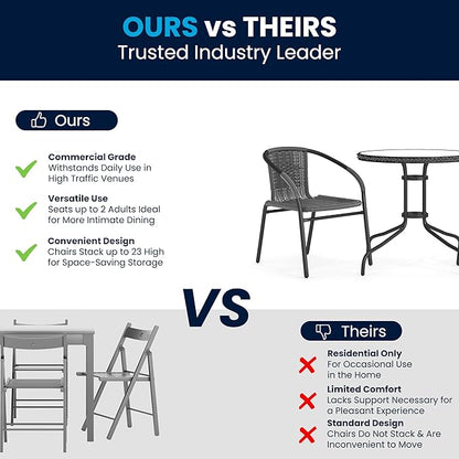 Flash Furniture 3-Piece Patio Dining Set with Round Glass Metal Table and 2 Stackable Rattan Chairs, Indoor/Outdoor Bistro Table and Chairs Set, Gray