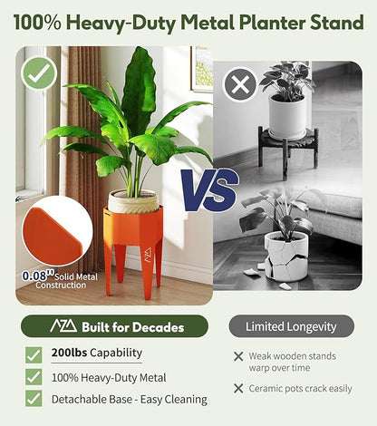 Planter with Stand, Metal 2 in 1 Portable Planter with Grow Bags & Handle, Stable Stylish Indoor Plant Pots with Stand, Modern Plant Stand Indoor, 7.5'' x 17.3'', Orange, Plant Not Included