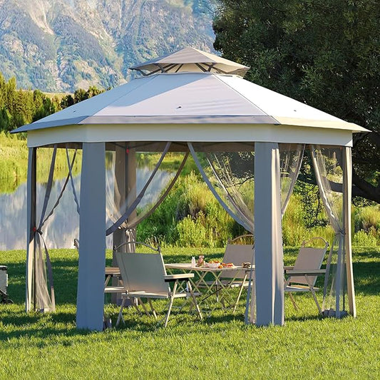 Garvee Pop Up Gazebo Screen Tent,Hexagonal Instant Gazebo Tent with Mosquito Netting Outdoor Canopy,6 Sided Sun Shelter 13x13ft with Mesh Netting,Pavilion Tents for Patio,Light Gray+Dark Gray