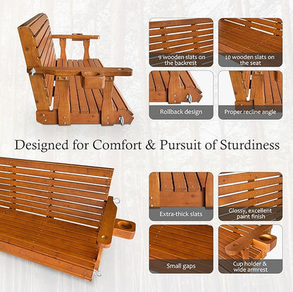 Wooden Porch Swing 3-Seater, Bench Swing with Cupholders, Hanging Chains and 7mm Springs, Heavy Duty 800 LBS, for Outdoor Patio Garden (Warm Teak Color, 5 FT Extra Large)