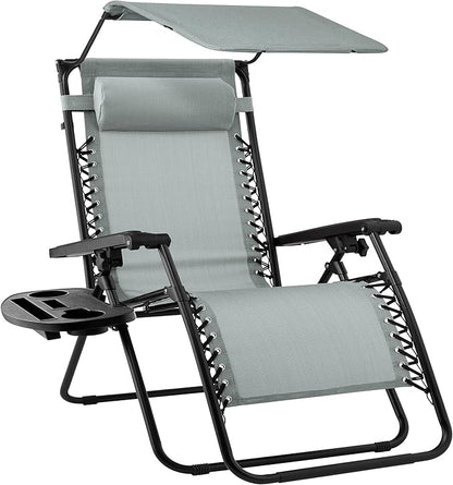 Best Choice Products Folding Zero Gravity Outdoor Recliner Patio Lounge Chair w/Adjustable Canopy Shade, Headrest, Side Accessory Tray, Textilene Mesh - Stardew