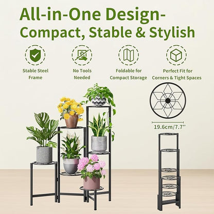 6 Tier Metal Plant Stands Outdoor Indoor, Heavy Duty Flower Pot Holder Potted Display Rack Shelf, Tall Corner Plant Shelf for Patio Garden Balcony Living Room Bedroom -BlackDiamond