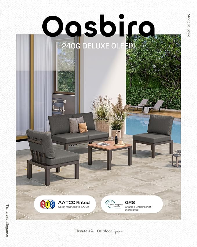 Aluminum Modular Outdoor Patio Furniture Set, 6 Seats Patio Sectional Sofa Set with Adjustable Backrest & Thick Cushions, All-Weather Conversation Sets with Table for Garden & Yard, Graphite