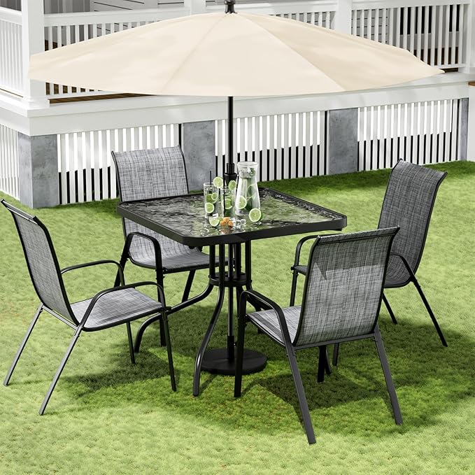 Arlopu 5 Piece Outdoor Patio Dining Set (Umbrella not Included), Porch Furniture with 4 Textline Chairs, 1 Square Glass Table for Garden, Backyard and Poolside, Lawn (Grey)