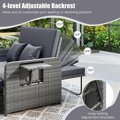 Tangkula Patio Rattan Daybed with 4-Level Adjustable Backrest, Outdoor PE Wicker Loveseat with Storage Ottoman & Folding Side Table, Double Sunbed for Balcony, Backyard & Poolside, Grey