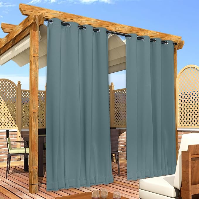 NICETOWN 2 Panels Waterproof Outdoor Curtains Fixed Grommet & Back Tab on Top & Bottom, Thermal Insulated Keep Rain & Sun Out Blackout Windproorf Outdoor Drapes with Rope, W52 x L84, Greyish Blue
