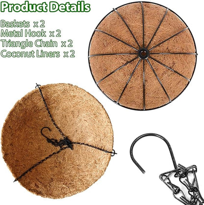 Hanging Baskets Planter for Plants - 2 Pack 12 Inch Metal Baskets with Coco Coir Liner, Hanging Flower Pots for Outside with Chain, Indoor Outdoor Garden Porch Decoration (12'' Pack of 2)