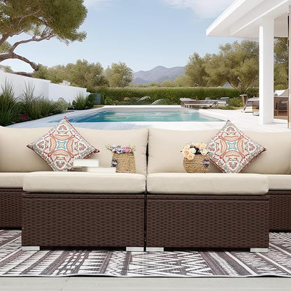 NICESOUL 8 Seat 29.3'' High Back Outdoor Furniture Set, Extra Large Rattan Patio Conversation Sets, Deep Seating Modular Sectional with Ottoman, Oversized Conversations for Backyard, Brown and Beige