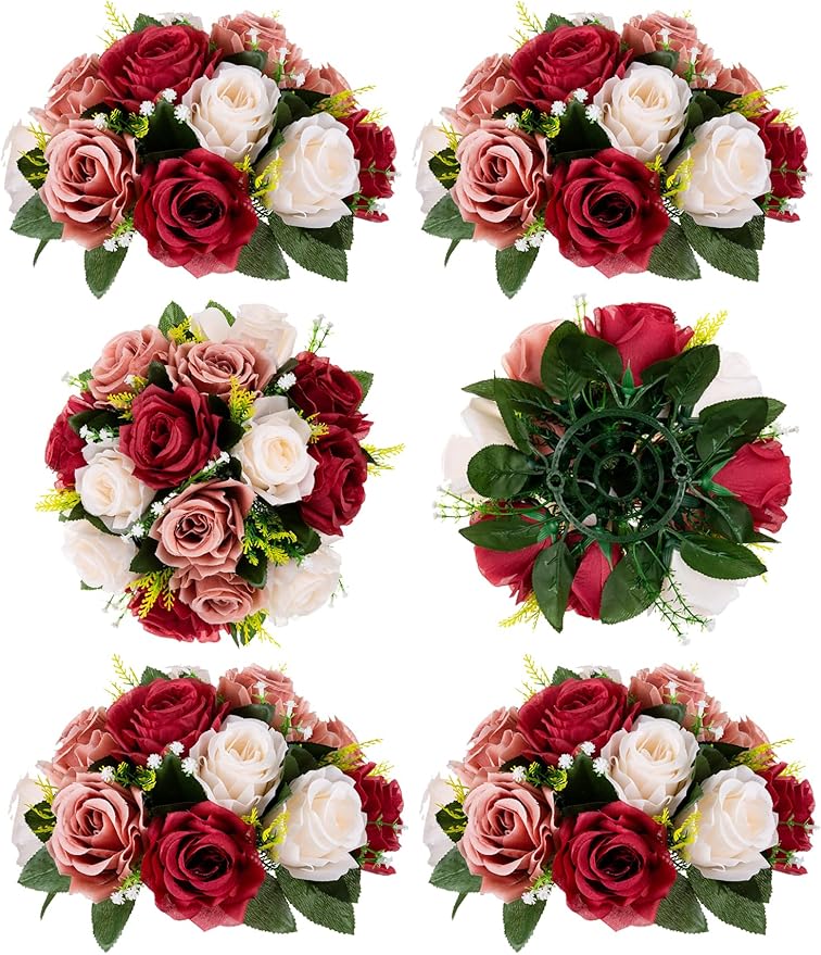 Artificial Flower Ball Centerpieces, Burgundy Silk Roses, 3-in-1 Design