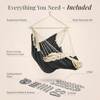 Hanging Hammock Chair Swing – Hanging Chair Outdoor & Indoor - Hammock Swing Chair – Quick & Easy Setup with Hardware Kit – Durable & Spacious Full Body Support – Holds 440 Lbs