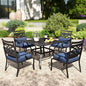 PHI VILLA 5 Pieces Outdoor Dining Set for 4, 37" Square Metal Table with Umbrella Hole & Wrought Iron Chairs, All Weather Large Outside Furniture with Blue Cushions & Pillows for Patio, Deck, Porch