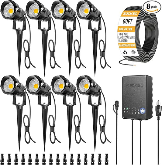 ZUCKEO All-in-One Landscape Lighting Kit, 5W LED Low Voltage Landscape Lights with Transformer and 80FT Wire, Waterproof Outdoor Spotlight with Connectors for Yard Garden House, 3000K 12-24V 8Pack