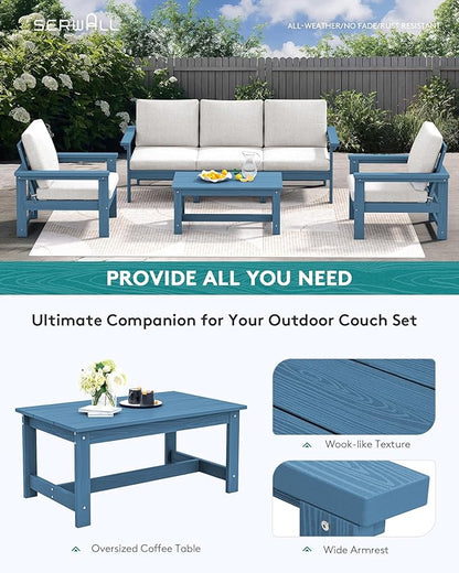 SERWALL HDPE Patio Conversation Set, 6-piece Sectional Outdoor Furniture Set, All Weather Outdoor Couch Set Patio Furniture Set for Deck, Lawn, Blue Frame with Beige Cushion