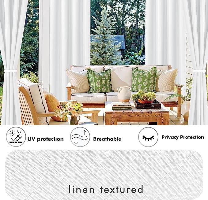 Outdoor Curtains, White Waterproof Linen Blend, 54 x 95 Inch Panels
