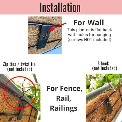 LaLaGreen Outdoor Wall Planters - 2 Pack, 30 Inch Deck Railing Hanging Pot, Over The Rail Window Flower Boxes Black Plant Basket Attach to House with Coco Liner Metal Fence Balcony Patio Porch