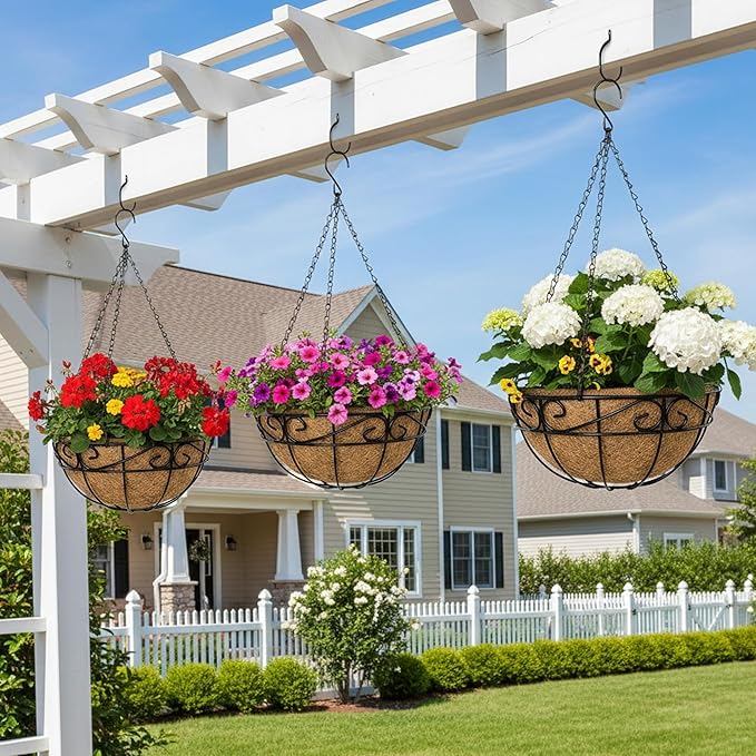 Outdoor Metal Hanging Planters Basket (2pack, 12 inch) Hanging Baskets for Plants Chain Round Wire Plant Holder with Coco Fiber Liners for Garden, Patio, Deck, Porch(Flower Border)