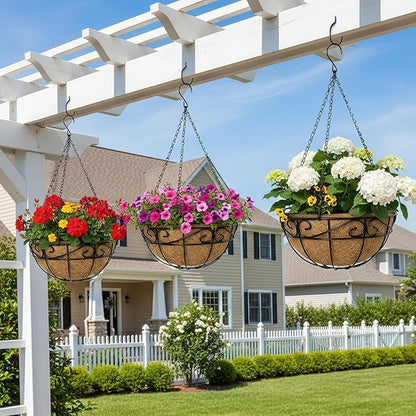 Outdoor Metal Hanging Planters Basket (2pack, 14 inch) Hanging Baskets for Plants Chain Round Wire Plant Holder with Coco Fiber Liners for Garden, Patio, Deck, Porch(Flower Border)