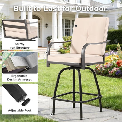 Patio Swivel Bar Stools Set of 2, Outdoor Bar Height Swivel Chairs with Cushions for Garden Balcony Backyard, Beige