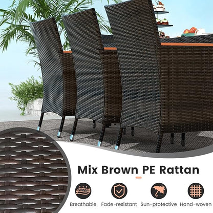 Tangkula 11 Piece Rattan Outdoor Dining Set with 15Ft Patio Umbrella for 8, Outdoor Wicker Table Set with 8 Cushioned Armchairs, Acacia Wood Top, Outdoor Umbrella with Base Included