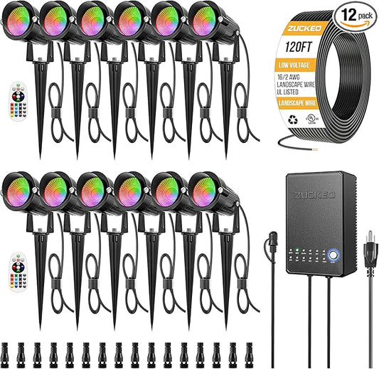 ZUCKEO All-in-One RGB Low Voltage Landscape Lighting Kit, 5W LED Color Changing Landscape Lights with Transformer and 120FT Wire, Outdoor Spotlights for Halloween Christmas Yard Garden Decor, 12Pack