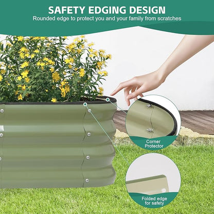 5 in 1Galvanized Raised Garden Bed - 8x3x1ft Modular Garden Planter Bed Outdoor | Steel Raised Bed Kit with Bracing Rods, Gloves for Gardening Vegetables Fruits and Flowers (Green)