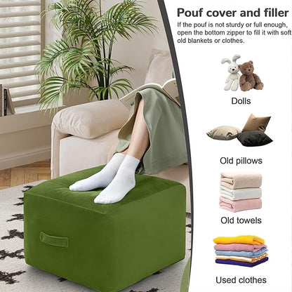 MeMoreCool Square Stuffed Pouf Ottoman Foot Rest, Floor Pouf Foot Stool with Foam Chunk Filling, Soft Stuffed Ottoman Footrest for Living Room, Green