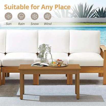 LUE BONA Outdoor Coffee Table Rectangle, HDPS Patio Coffee Tables for Outside, All Weather Patio Coffee Table with Slatted Tabletop for Deck, Garden, Balcony, Indoor or Outdoor Use, Teak