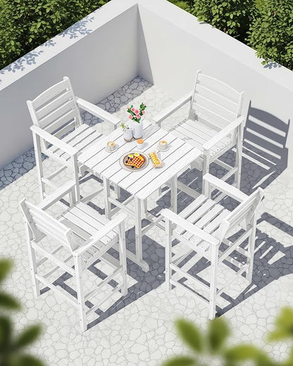 SERWALL 5 Pieces Adirondack Bar Chairs Set, HDPE Adirondack Barstools Chairs with Bar Pub Table, Outdoor Patio Bar Furniture Set for Bistro, Balcony, Poolside, Garden, White