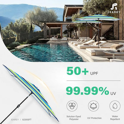 JEAREY 6.5x10 ft Rectangular Patio Umbrellas Rectangle Outdoor Umbrella with Push Button Tilt and Crank, Market Table Umbrella 6 Sturdy Ribs UV Protection for Poolside Garden Backyard Deck, Blue-Green Stripe