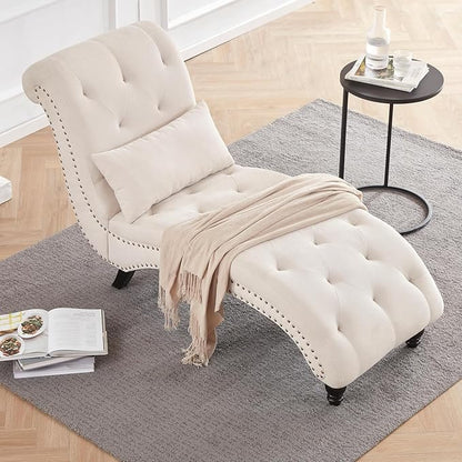 Tufted Soft Chaise Lounge Indoor, Linen Rivets Chaise Lounge Chair for Bedroom Living Room, Armless Upholstered Chaise Couch Chair with Square Cushions and Solid Wood Legs, Beige