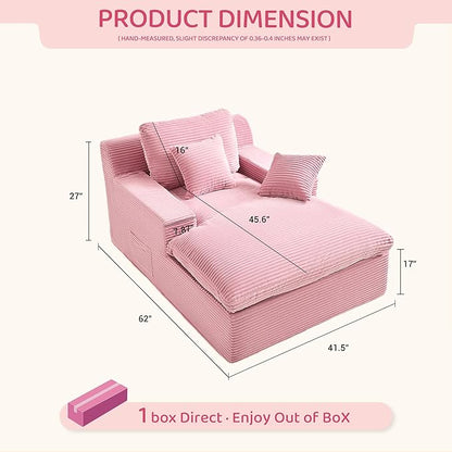 63" Chaise Lounge Chair Indoor, Set of Convertible Sleeper Sofa Couch with Throw Pillows & Side Pockets, Corduroy Upholstered Oversized Sofa Bed with Armrests for Living Room Bedroom, Pink