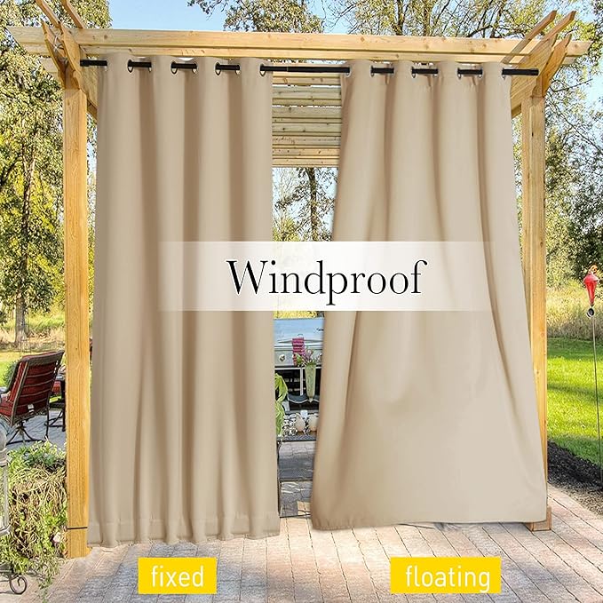 NICETOWN 2 Panels Weighted Blackout Cabana Curtains Outdoor Patio, W52 x L84 Windproof Top & Bottom Grommet & Back Tab, Thermal Heavyweight Drapes Keep Privacy for Yard/Porch, Biscotti Beige