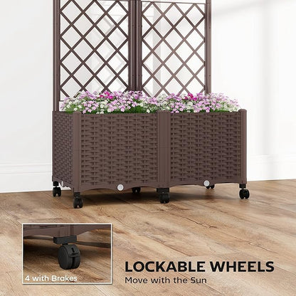 Outsunny Planter Box with Trellis, Self Watering Raised Garden Bed with Lockable Wheels, 56.3" Trellis Privacy Planter with Drainage Holes for Climbing Plants, Vines, Vegetables, Flowers, Brown