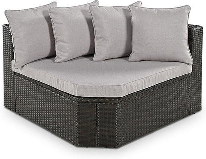 Merax 7-Piece Outdoor Wicker Sectional Sofa Set,Modular Rattan Conversation Set with Gray Cushions,Striped Green Pillows & Tempered Glass Coffee Table for Patio,Garden,Deck,Brown