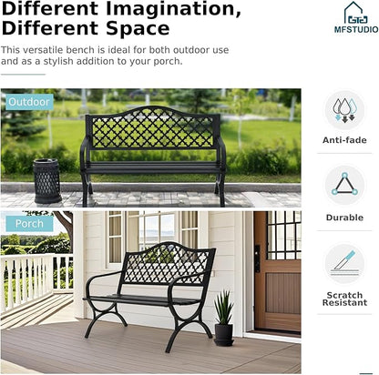 MFSTUDIO 50" Lucky Clover Outdoor Bench, Black Cast Iron Back with Waterproof E-Coating, Durable Patio Garden Bench Park Chair, Black