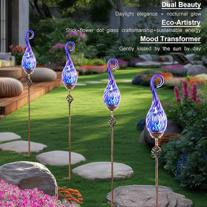 Garden Solar Lights Outdoor, Decorative LED Pearlized Glass Spiral Garden Stake with Finial, Hand Blown Glass and Metal Outdoor Decoration, 3 x 36 Inch (Dark Blue)