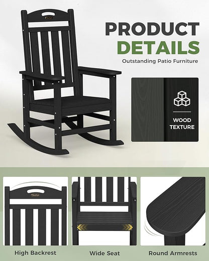 Rocking Chair, Outdoor HDPE Rocker in Black with 30-Inch High Back