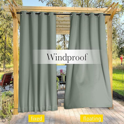 NICETOWN 2 Panels Outdoor Curtains for Patio Extra Wide 84", Waterproof & Windproof Grommet & Back Tab Fixed Top and Bottom Thermal Insulated Drapes with Rope for Gazebo, Sage Green, W84 x L95