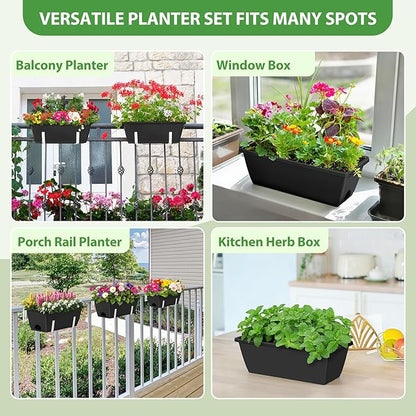OYEAL 4 Pack Railing Planter Box Outdoor Hanging Balcony Planters 17 Inch Window Boxes Planter with Adjustable Brackets Plastic Flower Pots for Garden Deck Porch Railing Balcony Fence, Black & White