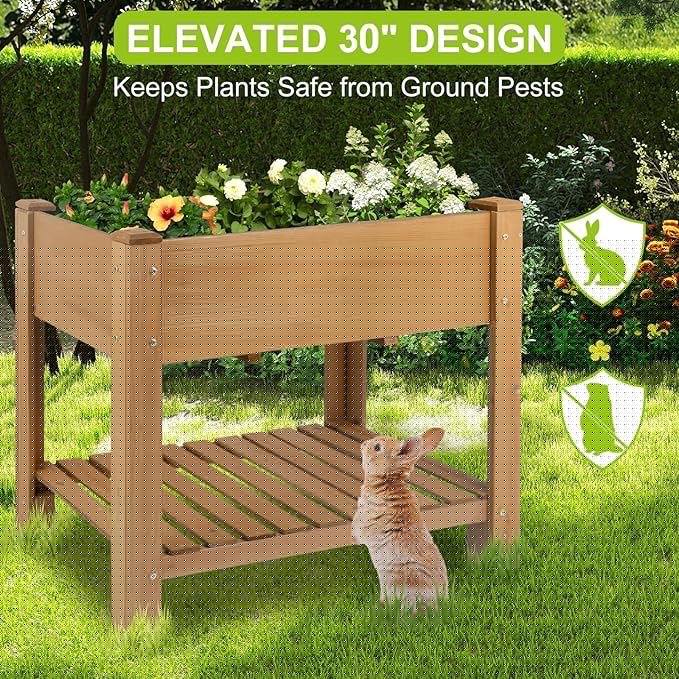 Raised Garden Bed with Legs - Elevated Wooden Planter Box, Durable Fir Wood, Reinforced Frame with Drainage Holes, Liner, and Storage Shelf for Vegetables, Herbs, Flowers, 33.5" x 18" x 30"